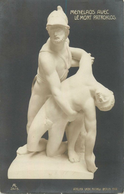 Vintage art postcard sculpture Menelaos avec le mort Patroklos Berlin 1906