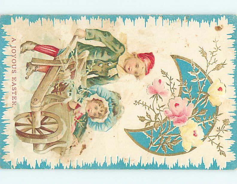 easter BLANK BACK POSTCARD - GIRL IN WHEELBARROW r2672