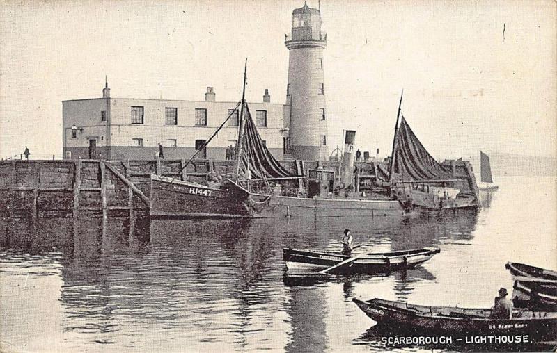 Lighthouse and Trawler Scarborough Boats Scotland Real Photo Postcard