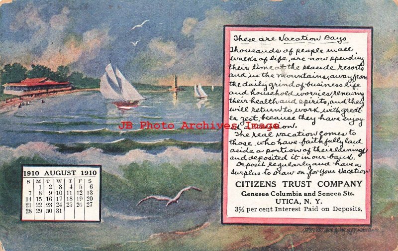 Advertising Calendar Postcard, Citizens Trust Company, Utica New York