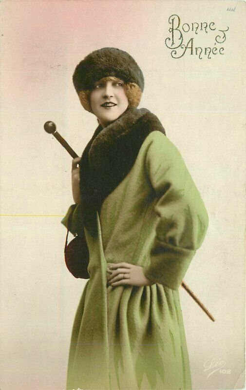Hand Tint Fashion Woman hat cane 1922 RPPC Photo Postcard 21-3115