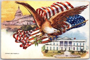 VINTAGE POSTCARD PATRIOTIC BALD EAGLE U.S. FLAG CONGRESS WHITE HOUSE MAILED 1907