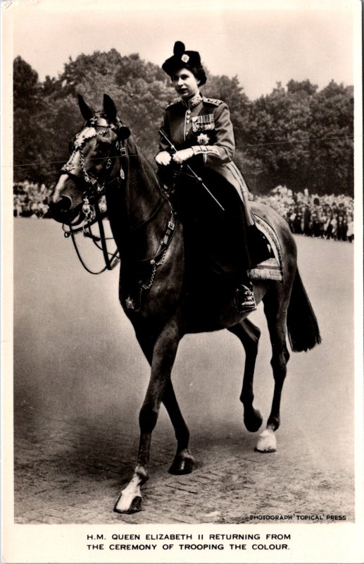 Queen Elizabeth II young Trooping the color horseback vintage postcard