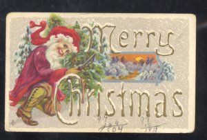 MERRY CHRISTMAS LARGE SANTA CLAUS RED ROBE 1912 VINTAGE POSTCARD