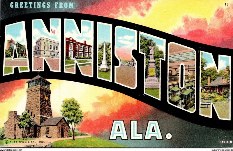 Alabama Anniston Greetings Large Letter Linen Curteich