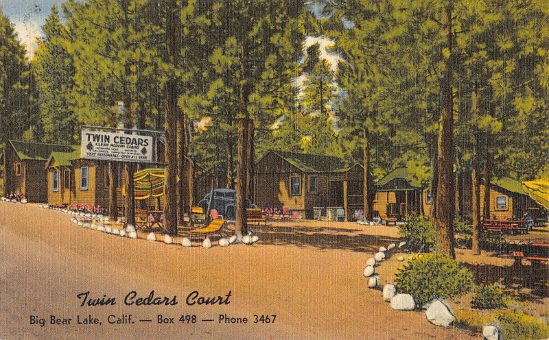 Big Bear Lake, CA TWIN CEDARS COURT Roadside 1940s Linen Vintage Postcard