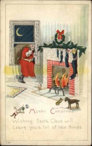 Christmas Santa Claus Sneaks Through Window Jester Doll c1910 Postcard