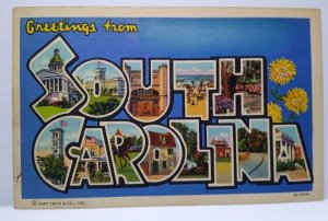 Greetings From South Carolina Large Big Letter Linen Postcard Curt Teich Flowers