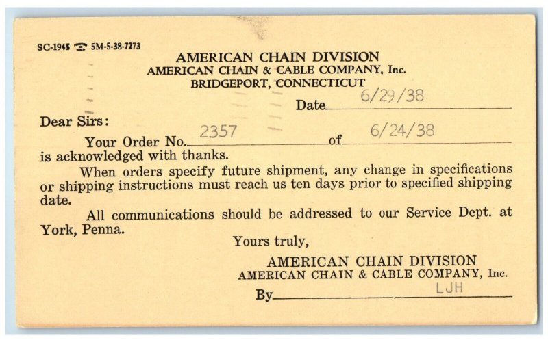 1938 American Chain Division Cable Company Inc Bridgeport CT Postcard