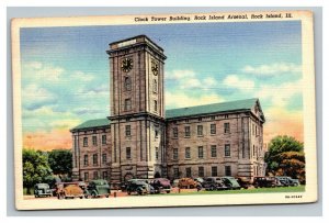 Vintage 1941 Postcard Clock Tower Building Rock Island Arsenal Illinois Old Cars