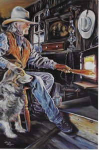 Snowed In Cowboy & His Dog Painted by Colorado Artist Rick Unger 4 by 6 Size