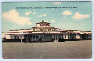 SAN DIEGO, CA ~ Roadside TOPSY'S RESTAURANT & Zanzibar c1940s Linen Postcard