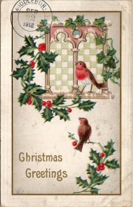 Christmas Greetings Pretty Birds and Holly 1912 Indianapolis IN Postcard W10