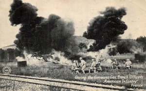 GIVING THE GERMANS THE GAS FRENCH OFFICERS USA WW1 MILITARY POSTCARD (1919)