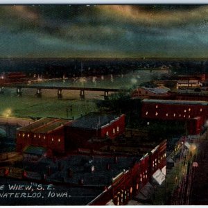 c1910s Waterloo IA SE Birds Eye View Night Commercial St Photo Lith Postcard A63