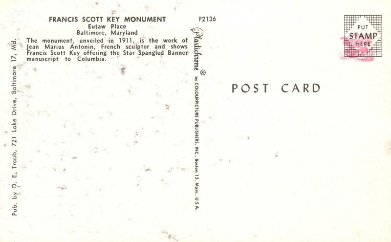 Vintage Postcard Francis Scott Key Monument Eutaw Place Baltimore Maryland MD