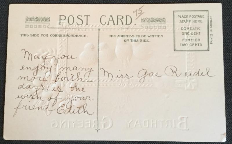 Postcard Embossed Unused writing on back “A Birthday Greeting” Birds LB