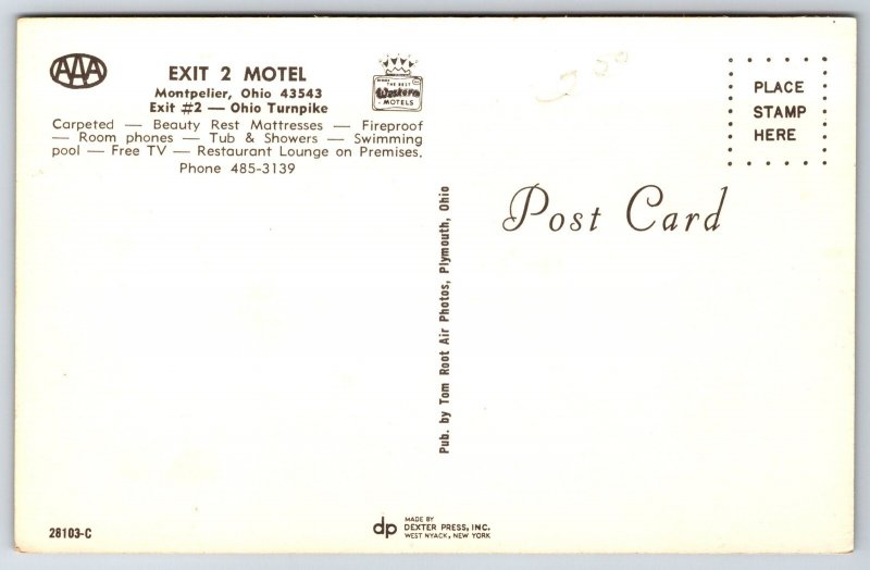 Roadside~Montpelier Ohio~Exit 2 Motel~Aerial View~Room Interior~1950s Postcard