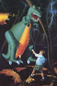 Toy Inflatable T-Rex Dinosaur Punctured By Child Painting Postcard