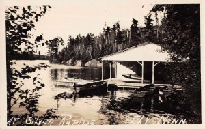 Ely Minnesota view of boats at pier on Silver Rapids real photo pc BB2214