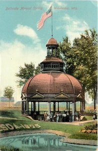 c1910 Postcard; Waukesha WI Bethesda Mineral Spring, Pavilion & American Flag