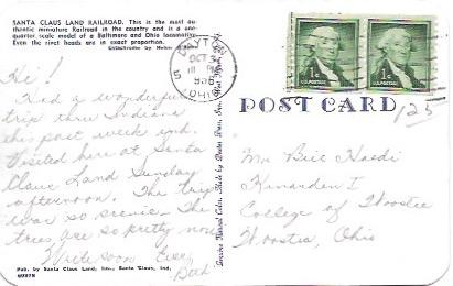 Santa Claus Land Railroad, Indiana. Used post card Stamps are Coil pair #1054