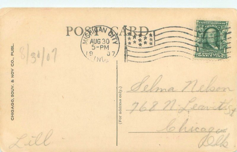 Michigan City Indiana Public Library 1907 Postcard 13 Star Flag Cancel