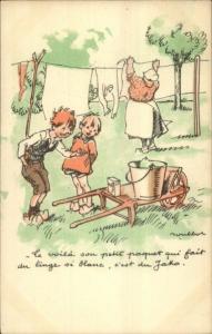 French Fatherless Children Comic - Mother Haning Laundry - Roulboc? Postcard