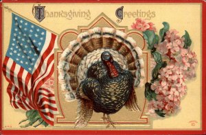 Thanksgiving Turkey American Flag Flowers Patriotic c1910 Vintage Postcard