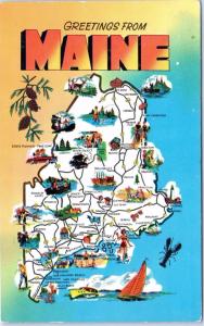 Greetings  from  MAINE   Pictorial  MAP   Plastichrome    Postcard    c1950s