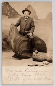 Santa Catalina Island CA Man and Seal Studio Prop RPPC Real Photo Postcard V21