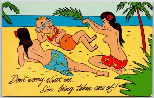 Man & Woman On Beach Don't Worry I'm Being Taken Care Off! Comic Postcard