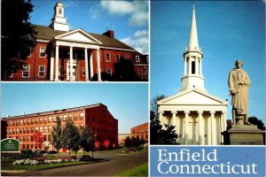 Enfield, CT Connecticut TOWN HALL~BIGELOW COMMONS APARTMENTS~CHURCH 4X6 Postcard