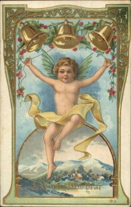 New Year Cherub Child Gold Bells Mountains Series 22 Nash? c1910 Postcard