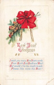 Vintage Embossed New Years Greetings Postcard with Red Bow & Pine