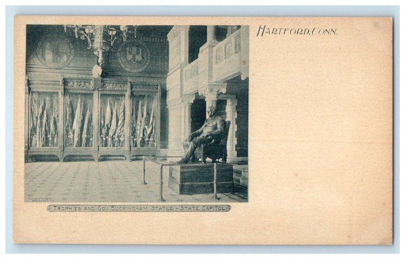 c1900s Trophies and Governor Buckingham Statue, State Capitol CT Postcard