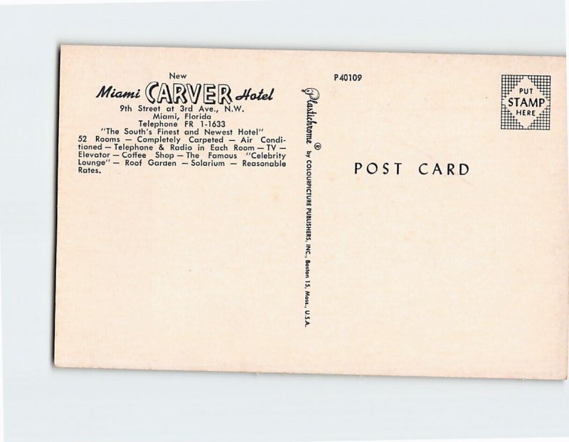 Postcard New Miami Carver Hotel, Miami, Florida