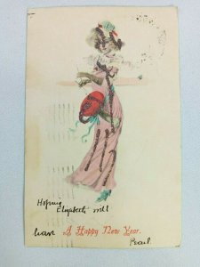 A Happy New Year Woman Posted 1906 Glitter Textured Antique Postcard