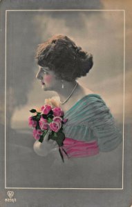 BEAUTIFUL WOMAN WITH FLOWERS ON HER DRESS~GERMAN PHOTO POSTCARD