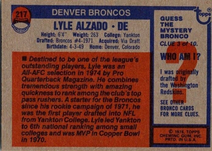 1976 Topps Football Card Lyle Alzado Denver Broncos sk4231