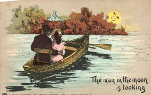 1908 The Man in The Moon is Looking, Man & Woman in Row Boat, Vintage Postcard