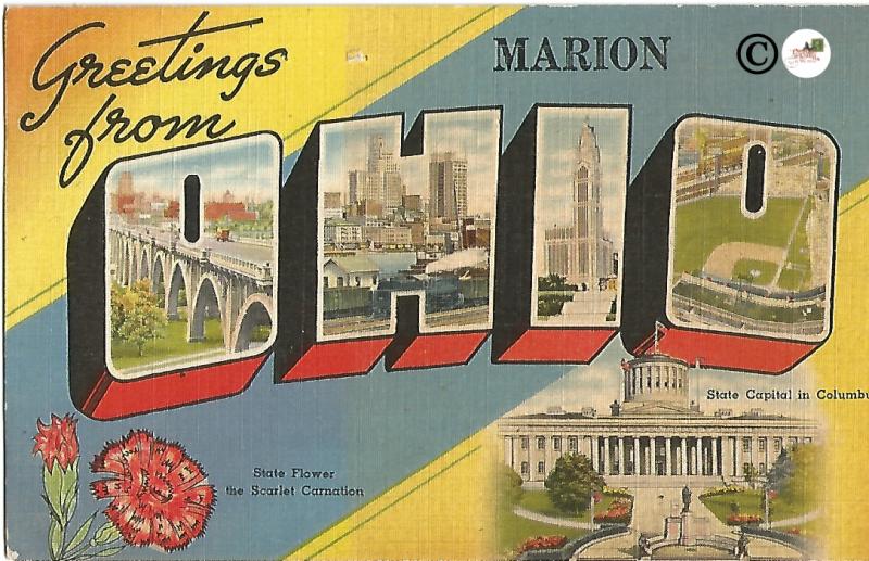 Greetings From Marion Ohio Large Letter Big Letter Vintage Postcard Linen