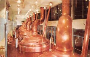 MILWAUKEE WISCONSIN GLEAMING COPPER BREW KETTLES~MILLER BEER TOUR POSTCARD 1956