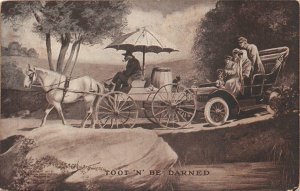 CAR & HORSE CARRIAGE TOOT BE DARNED BLACK AMERICANA POSTCARD 1909