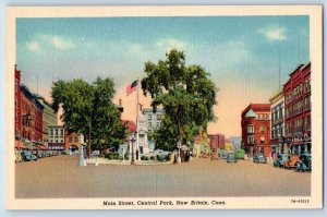 New Britain Connecticut Postcard Main Street Central Park Scene Buildings c1940