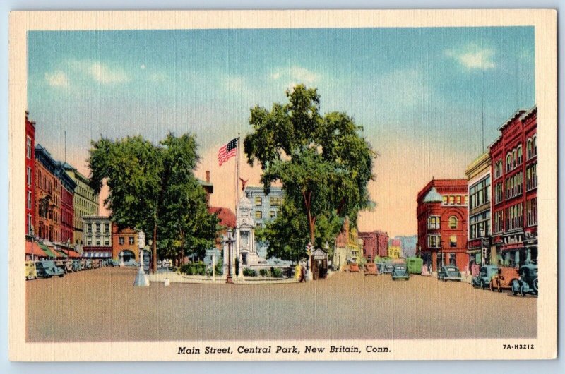 New Britain Connecticut Postcard Main Street Central Park Scene Buildings c1940