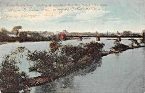 CEDAR RAPIDS IOWA~LOOKING UP RIVER FROM FIRST BRIDGE-LITTLE ISLAND POSTCARD