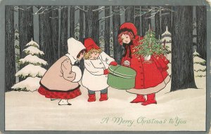 Gold Medal Art Merry Christmas Postcard Children In Snowy Woods With Hat Box