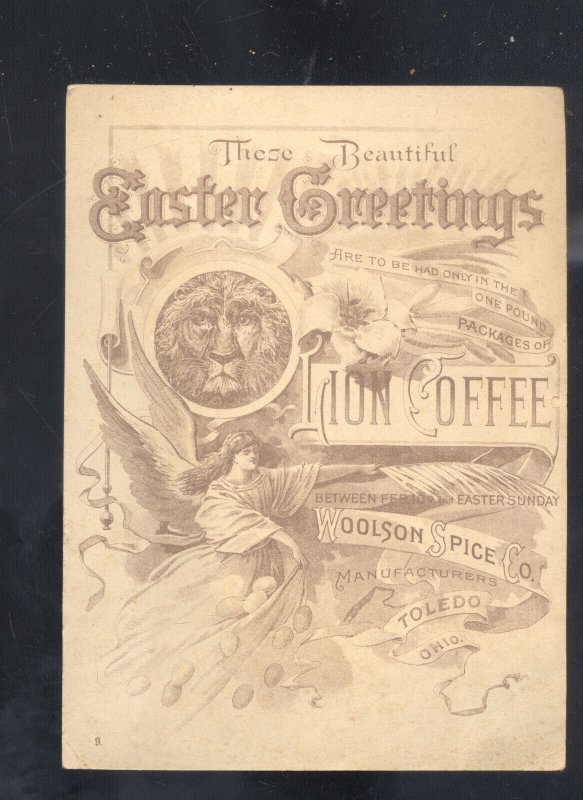 TOLEDO OHIO WOOLSON SPICE COMPANY LION COFFEE EASTER GIRL VICTORIAN TRADE CARD