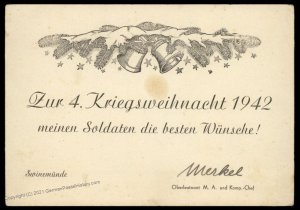 3rd Reich Germany 1942 Kiregsmarien Swinemuende Weihnacht Christmas Card  100640